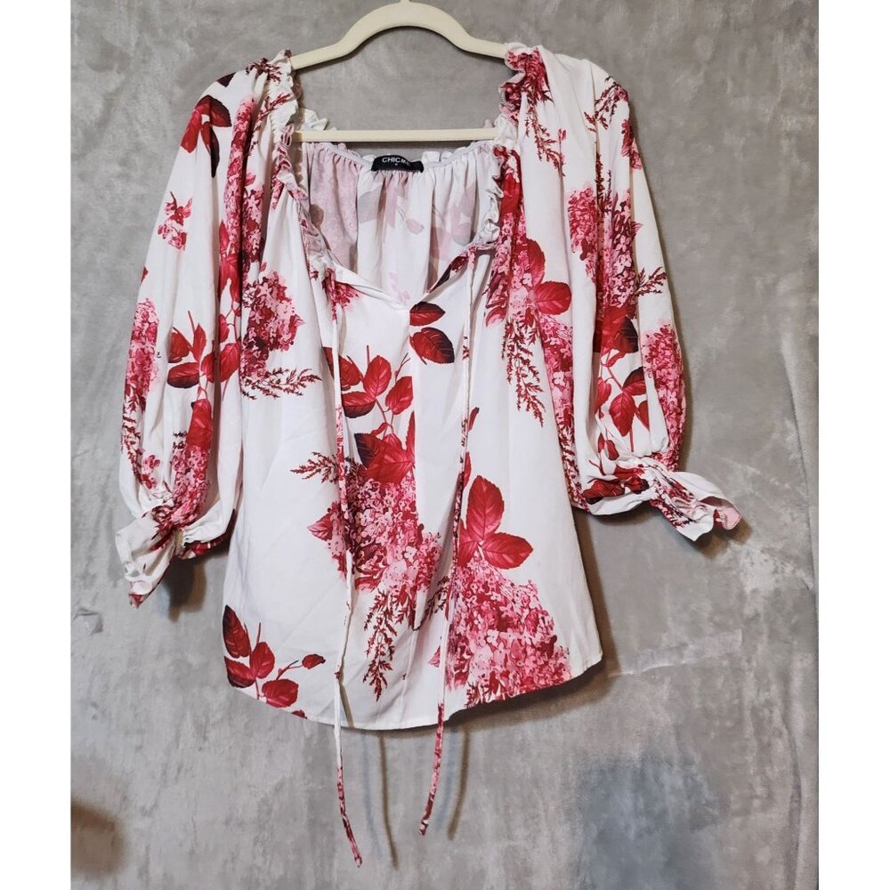 ChicMe Bloody Red floral Off-Shoulder Puff Sleeve Blouse - Chic & Boho‎ Style M - Picture 5 of 5